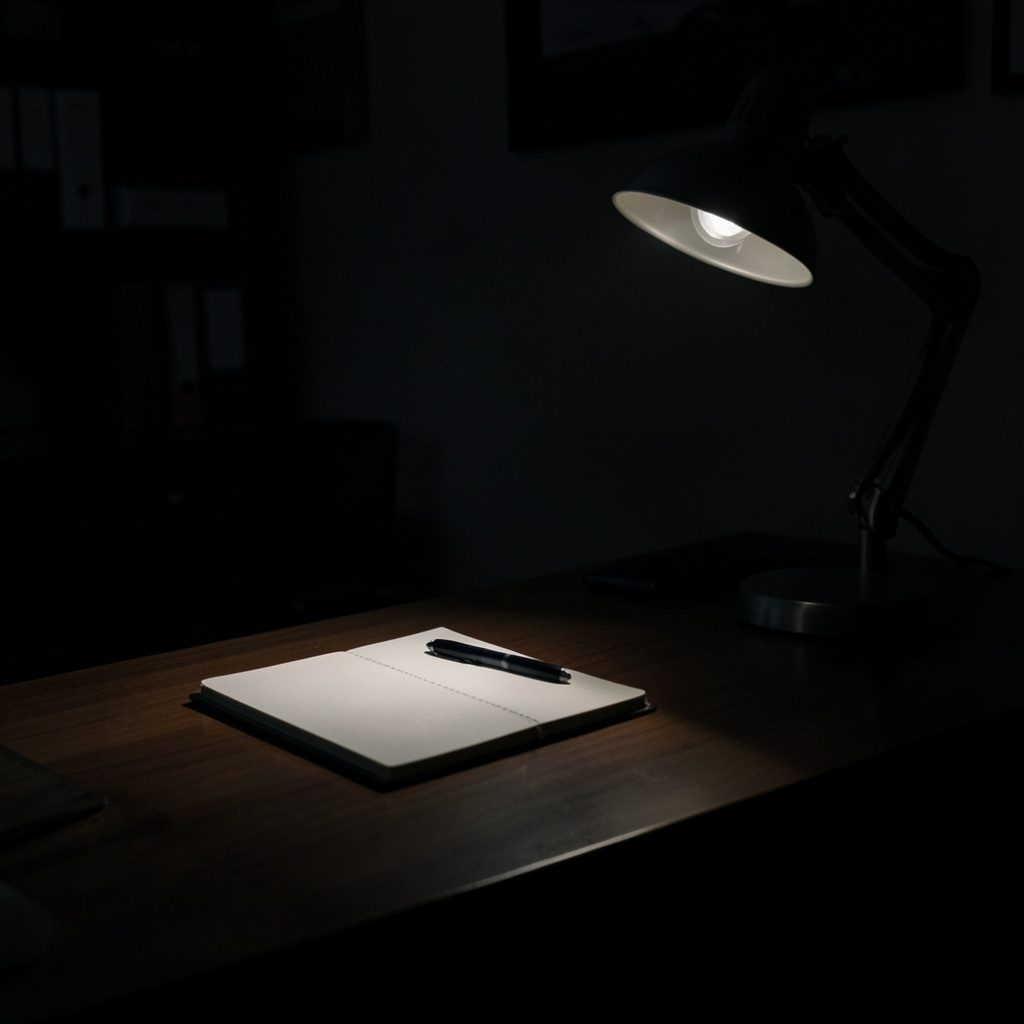 Dark, low-key photograph of a quiet newsroom desk with a notebook, pen, and a dim desk lamp casting long shadows across the surface