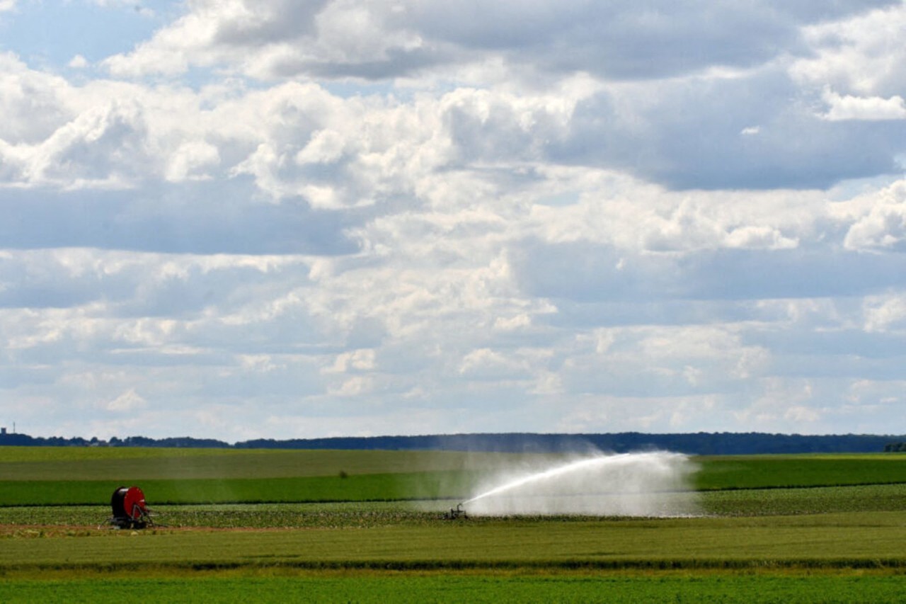 Wide agricultural field with an irrigation sprinkler spraying water over green crops under a cloudy blue sky